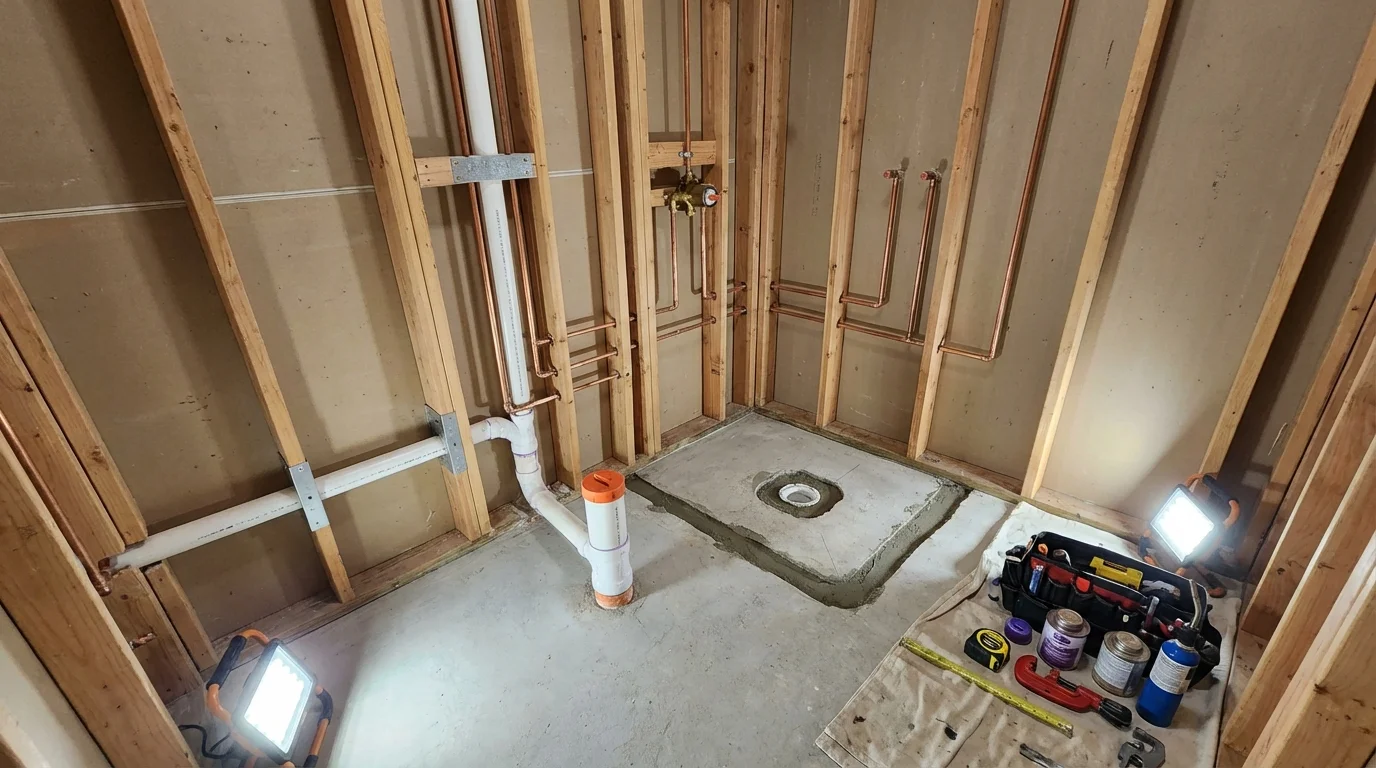 Bathroom rough-in plumbing during remodel by Johns Plumbing LLC in La Palma