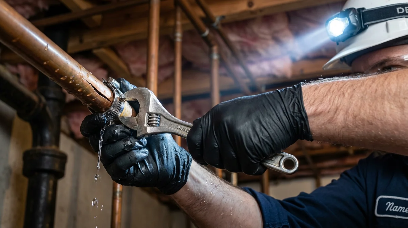 Emergency pipe clamp repair being performed by a Johns Plumbing LLC plumber in La Palma